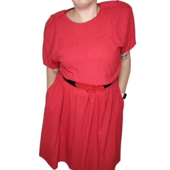 VINTAGE 80s dress red short‎ sleeve belted midi L - Picture 1 of 9